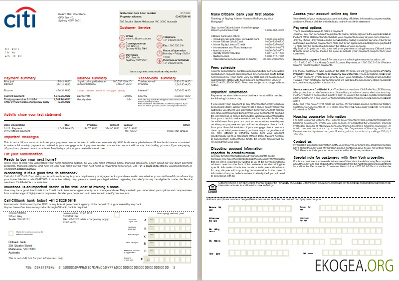Relevé hypothécaire de la banque australienne Citibank, 2 pages, 1, 2 scr
